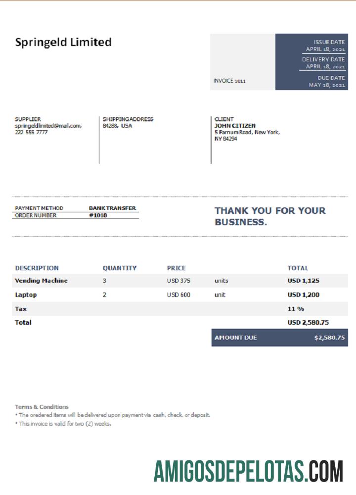 Fatura Springeld Limited dos EUA exemplo real